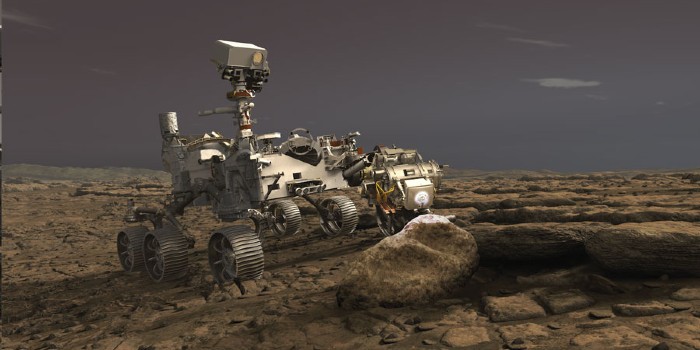 Køretøjet Perseverance, som det vil se ud, når det er landet på Mars. Kamerasystemet fra DTU Space indgår i instrumentet PIXL – som på illustrationen lyser med violet mod klippen. (Illustration: NASA)